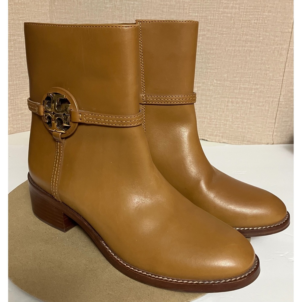 Tory Burch Miller Ankle Boots Women 9M Tan Excellent Leather Gold Logo Block